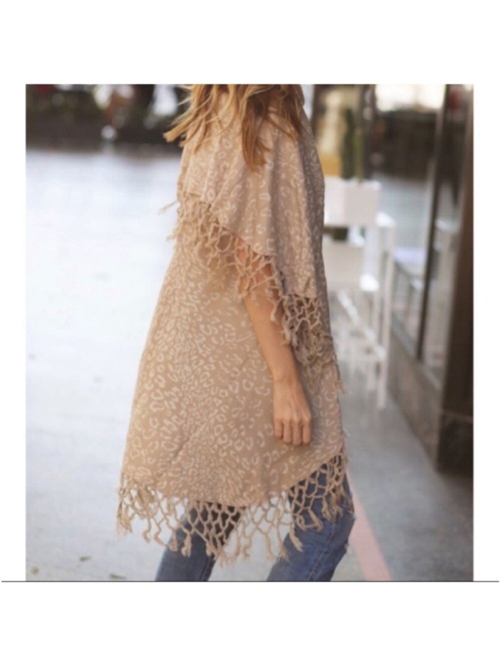 lèRumi Cream & White Animal Print Fringe Cardigan Ruana Poncho Wrap, One Size - Picture 3 of 14